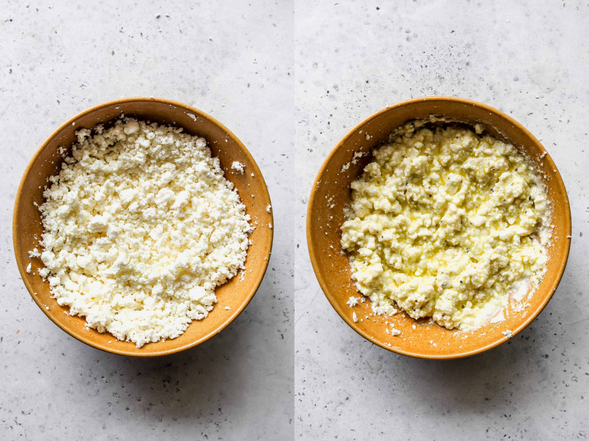 Feta cheese, olive oil, and lemon juice being mixed in a bowl.