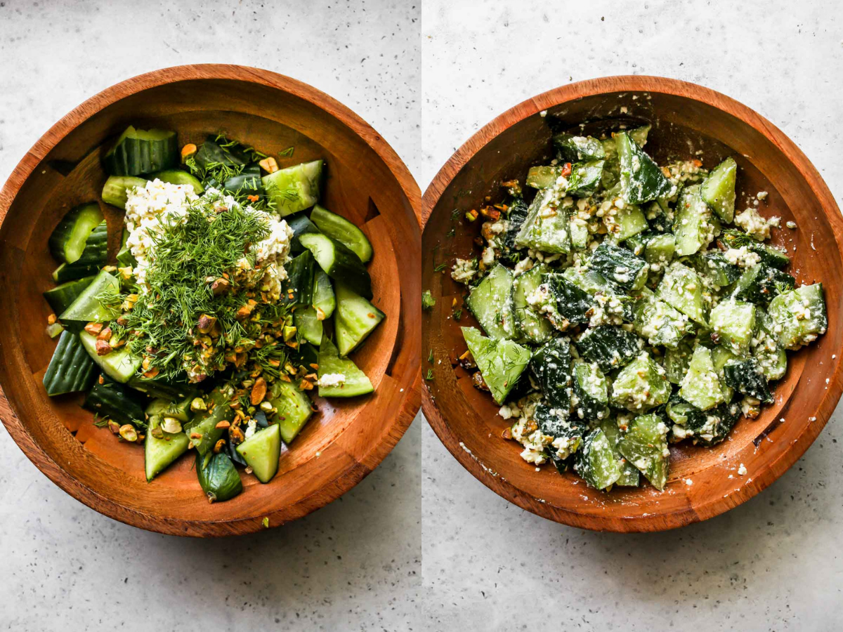 Cucumbers being mixed with feta dressing, dill, and pistachios.