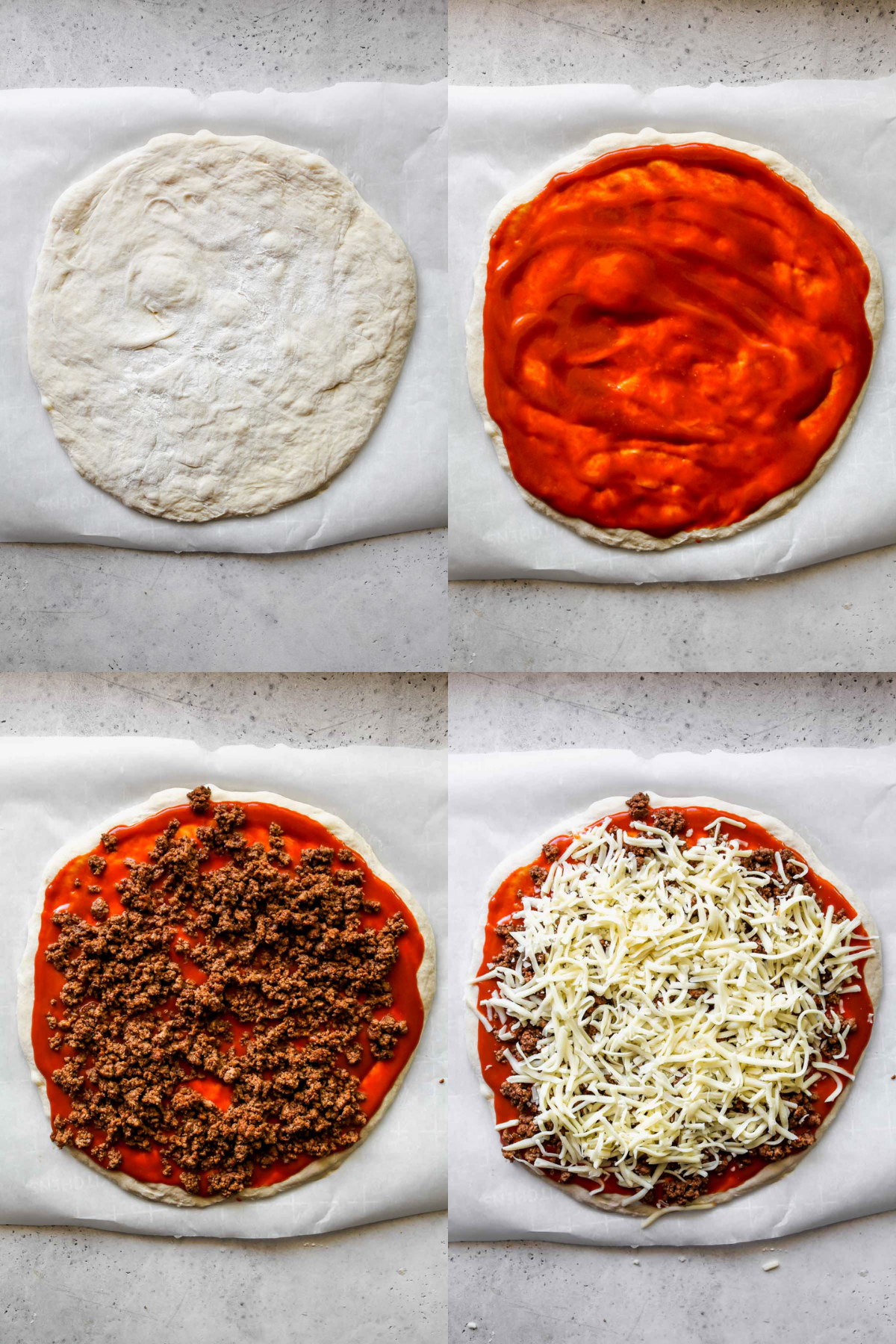 Pizza dough being topped with enchilada sauce, ground beef, and cheese