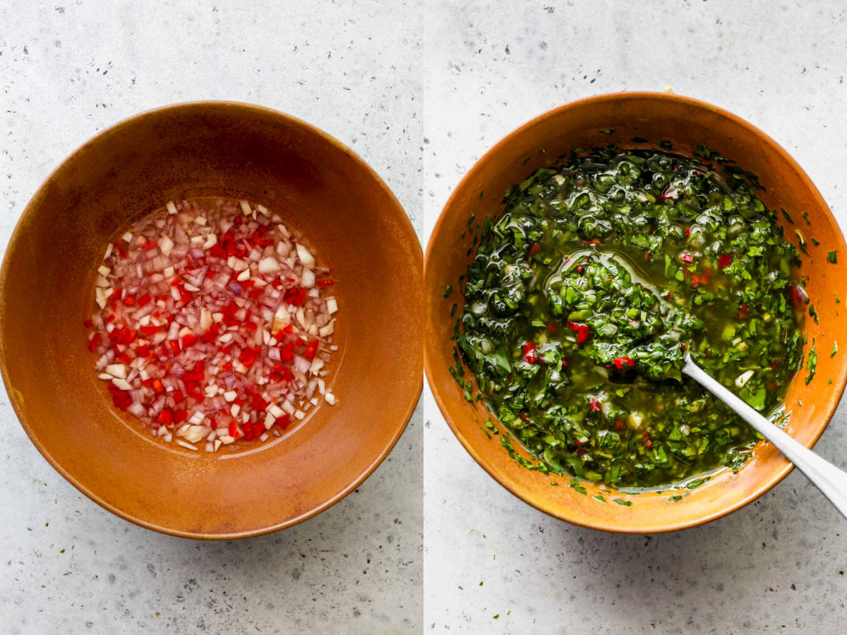 Aromatics being soaked in vinegar, and herbs being mixed in