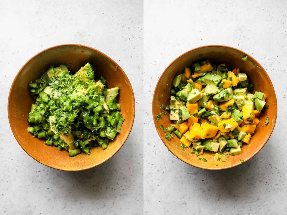 Avocado, cilantro, jalapeno, and mango being mixed in a gold bowl