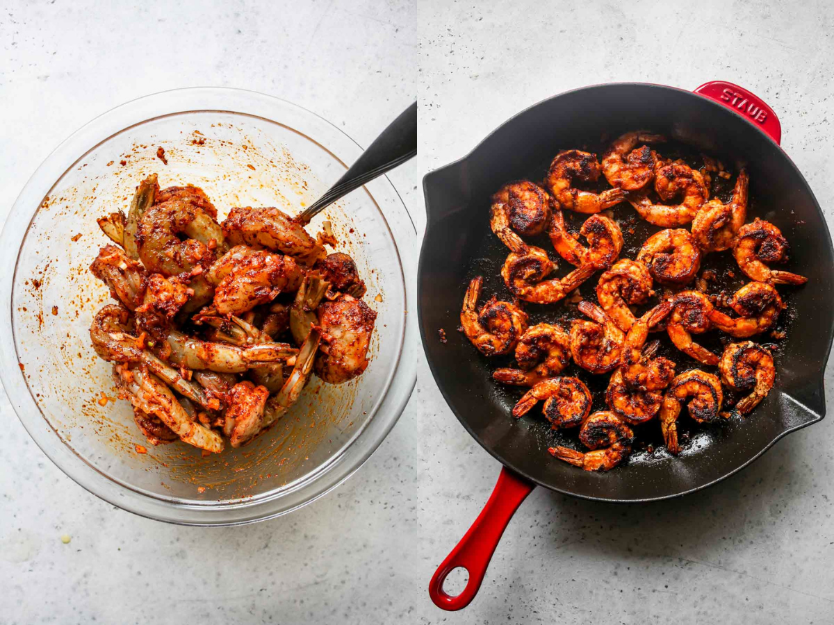 Shrimp being seasoned and sautéed in a skillet