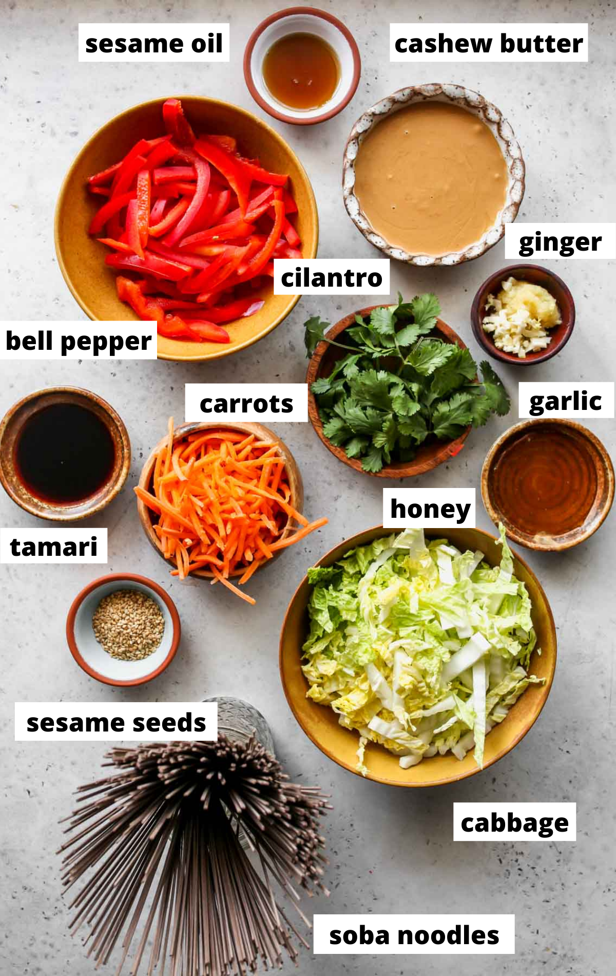 Recipe ingredients in separate bowls on a grey board with labels