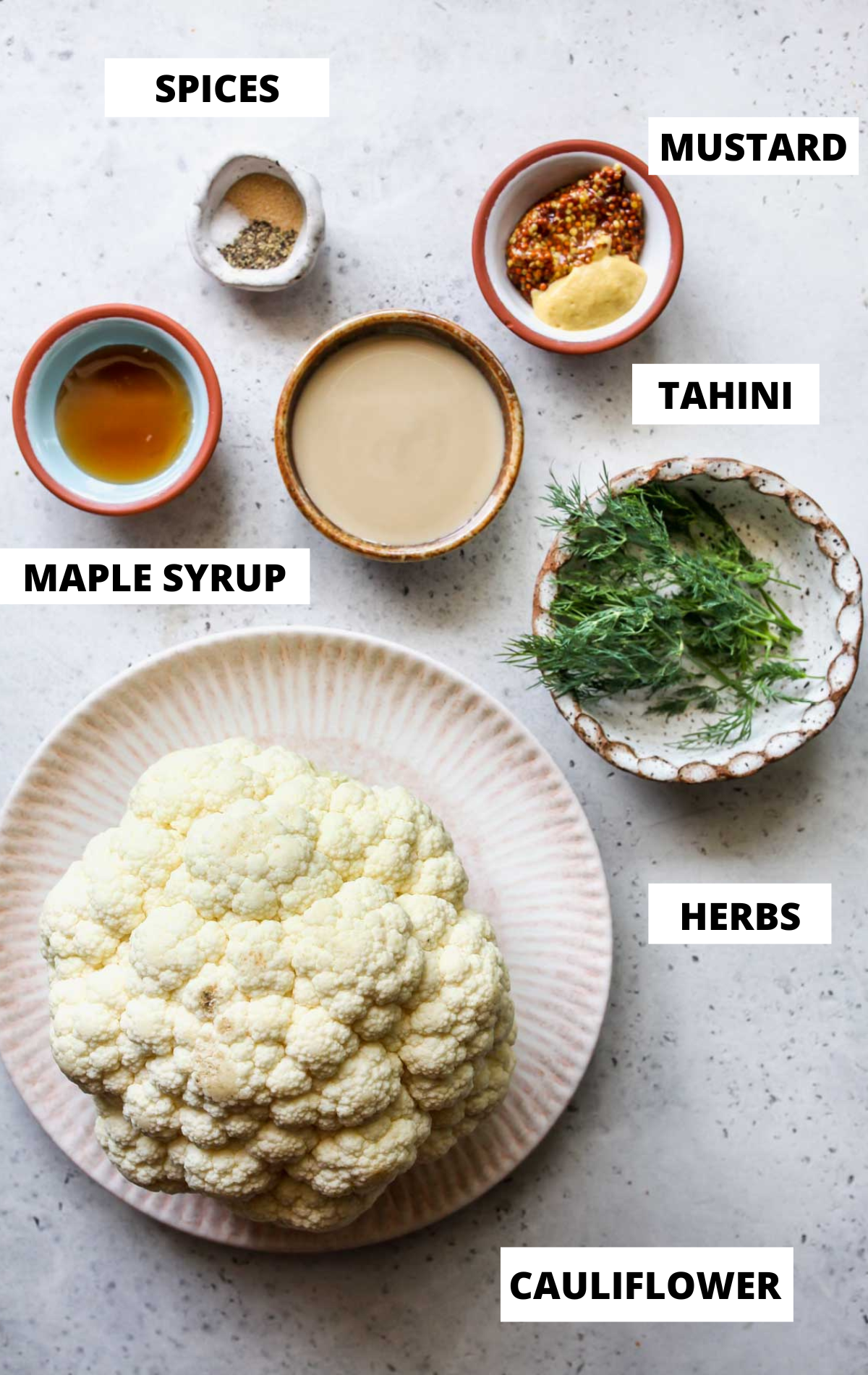 Recipe ingredients in separate bowls on a grey board with labels