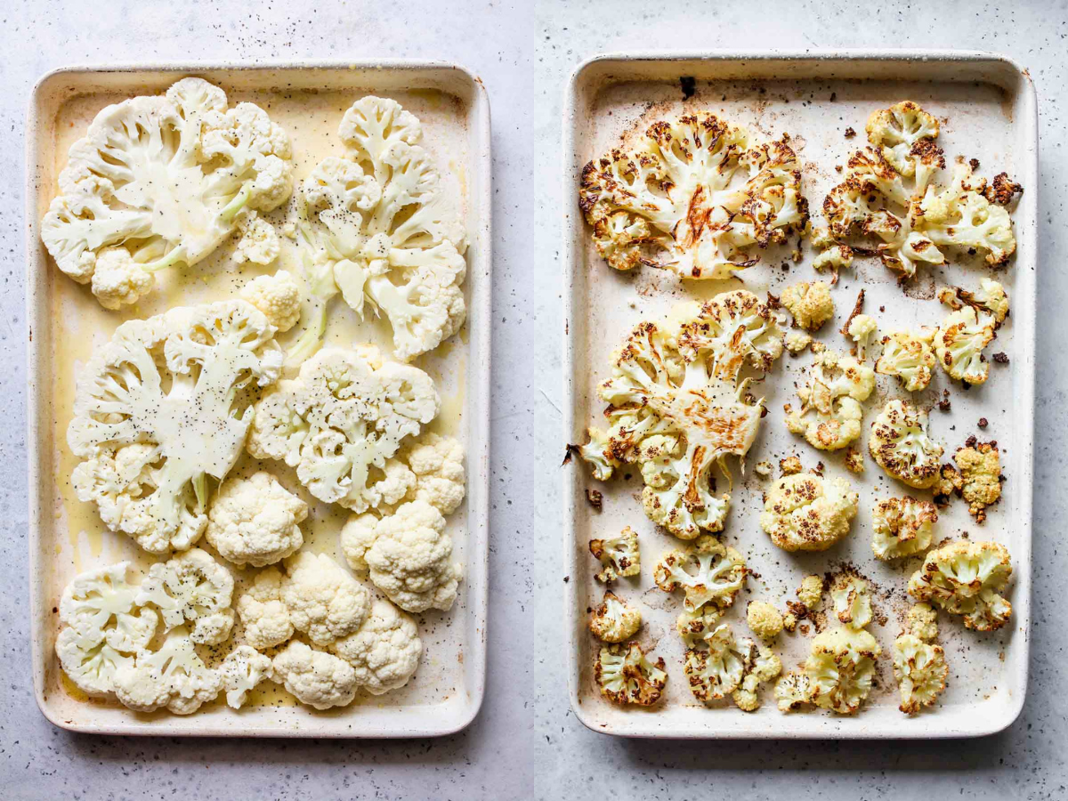 Cauliflower steaks and florets being roasted on a white baking sheet