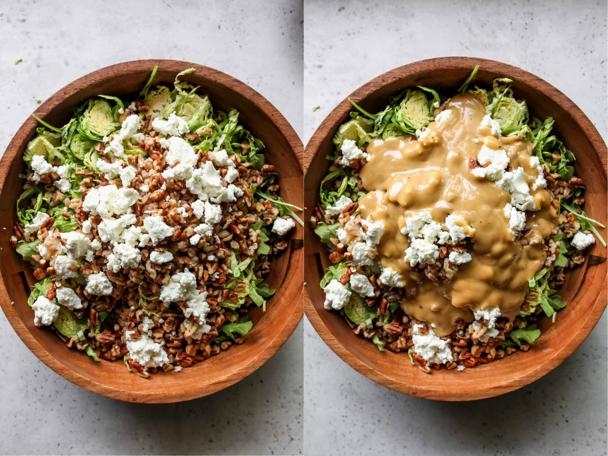 Arugula, brussels, farro, and pecans being tossed in honey mustard dressing
