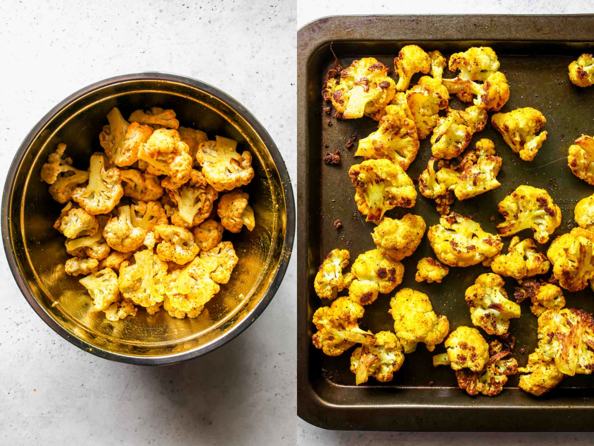Cauliflower florets being tossed in spices and roasted on a baking sheet