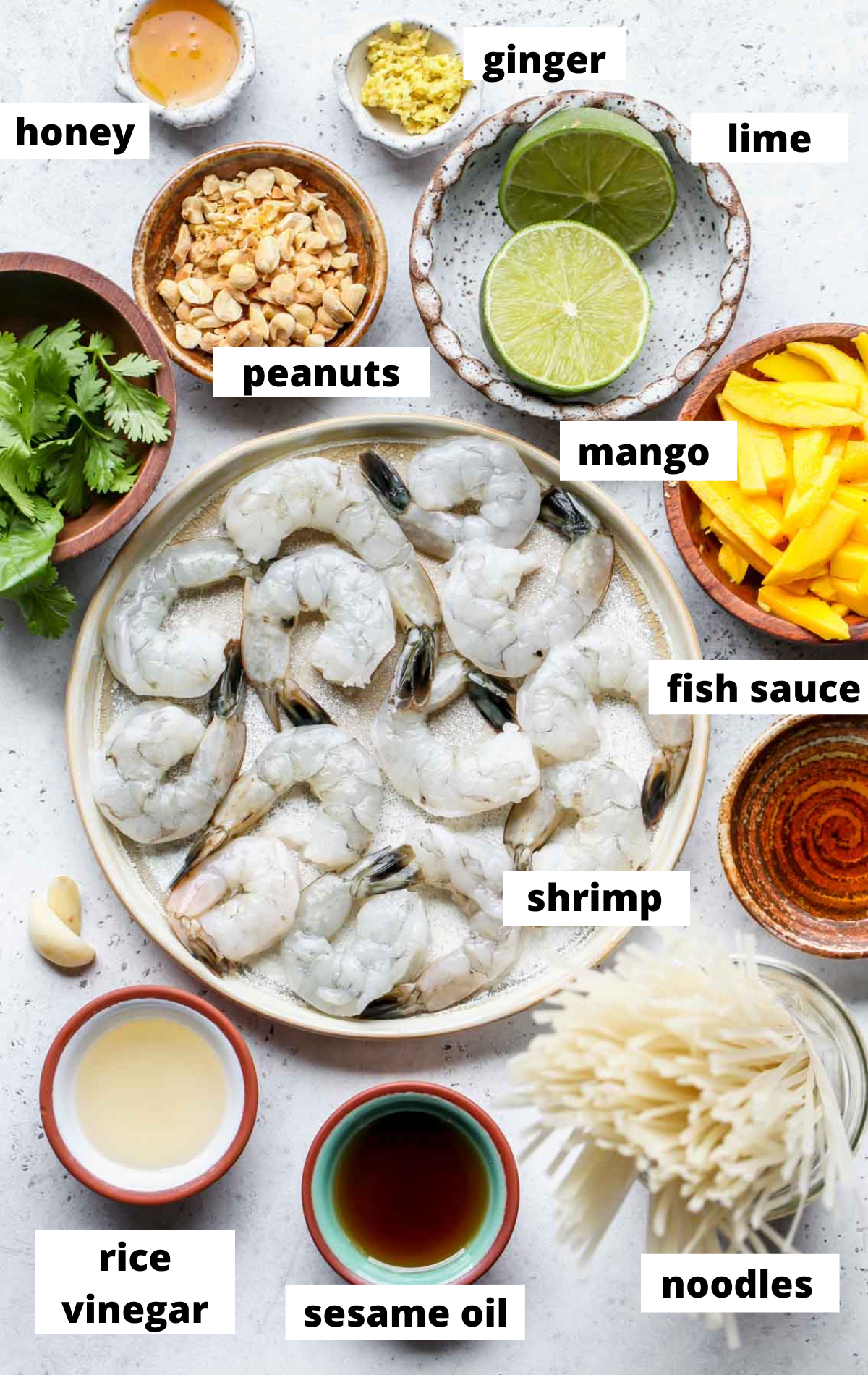 Recipe ingredients in separate bowls on a gray surface with labels