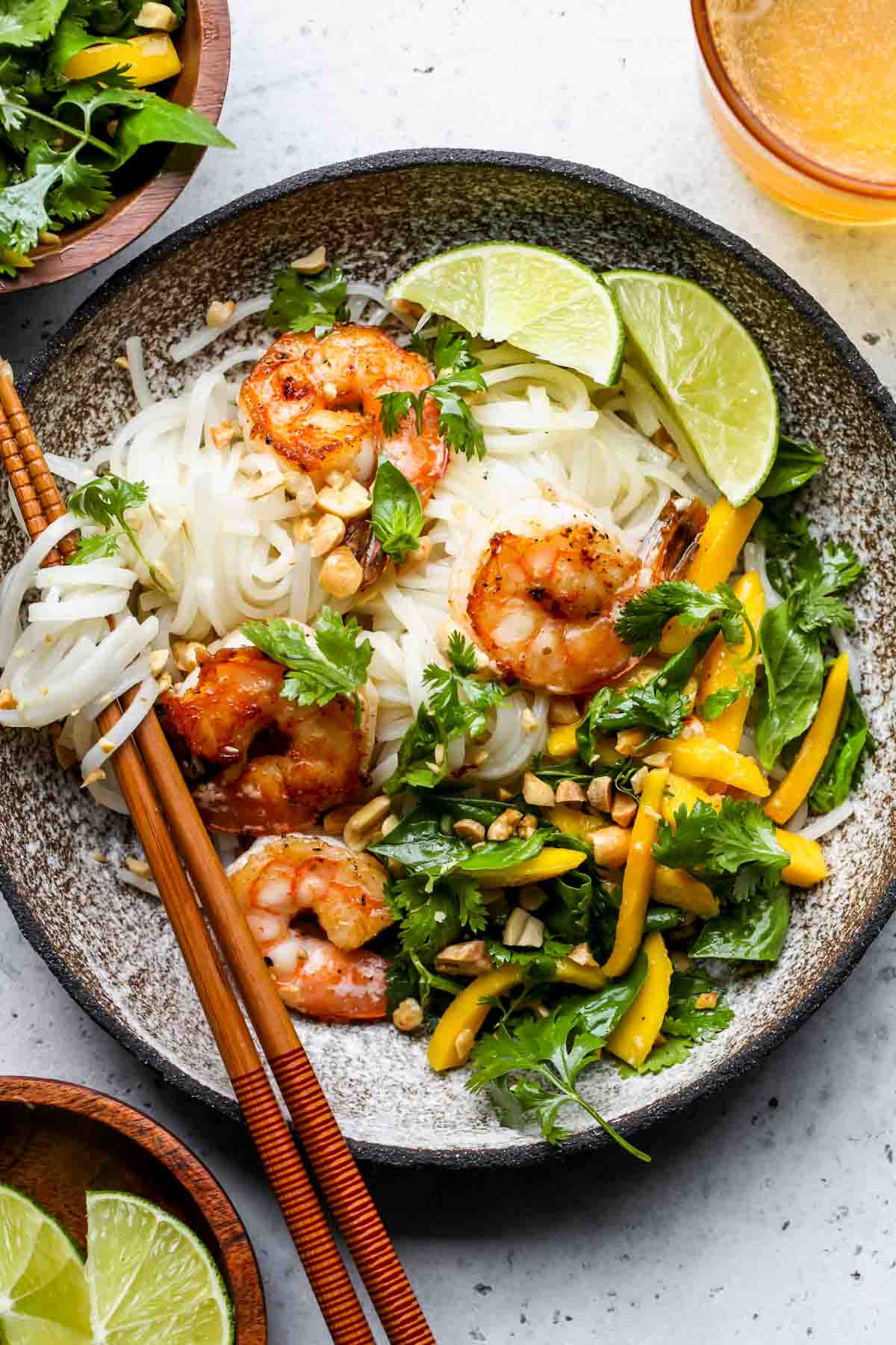 Thai shrimp noodle salad assembled in a gray serving dish