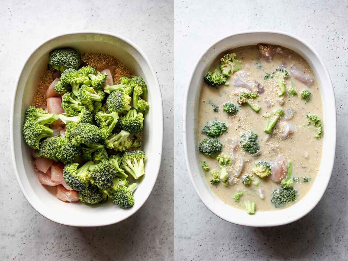 Cheese sauce being poured over quinoa, chicken, and broccoli in a casserole dish.