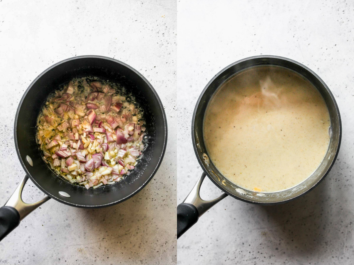 Shallots, garlic, milk, and broth simmering in a pot.