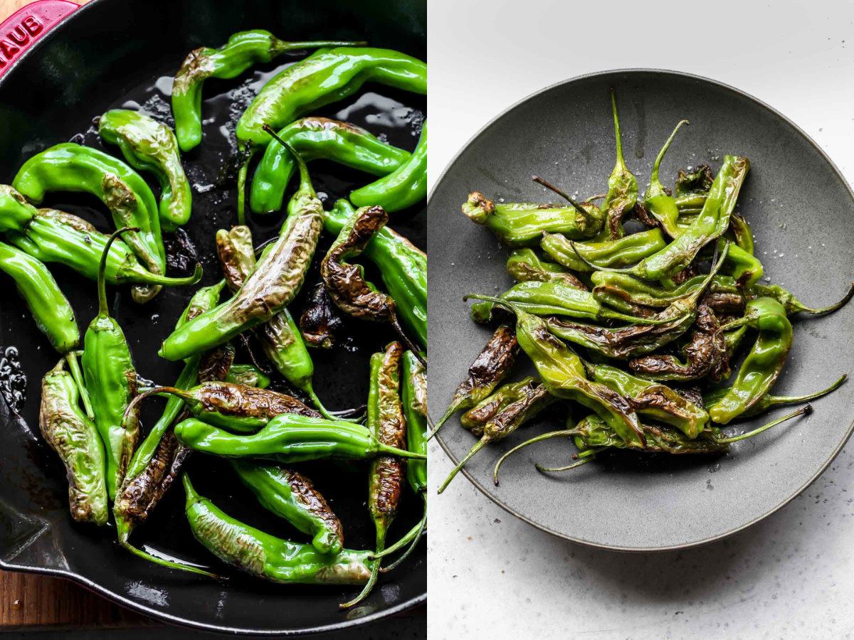 Shishito peppers being blistered in a cast iron skillet