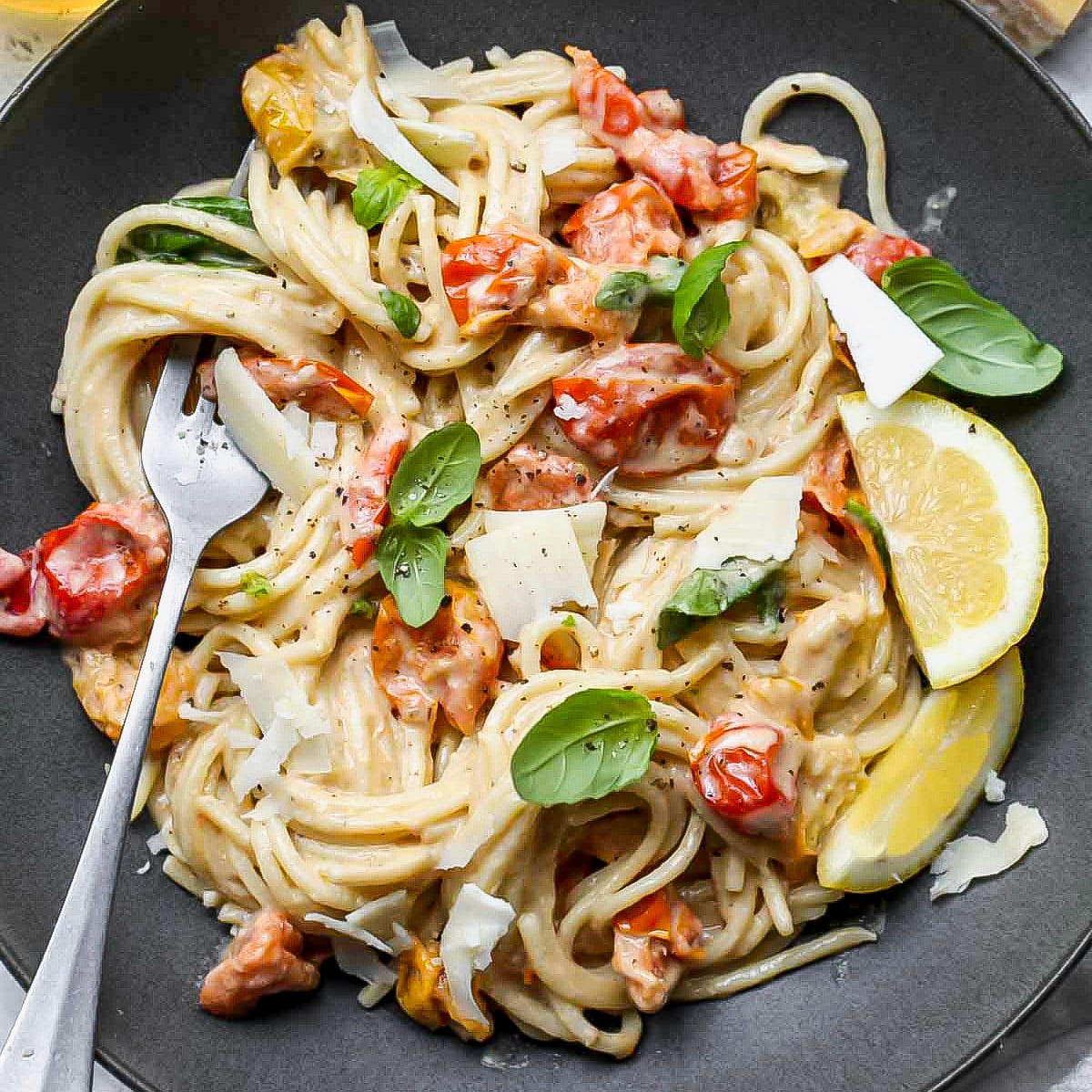 Creamy Tahini Pasta with Burst Cherry Tomatoes