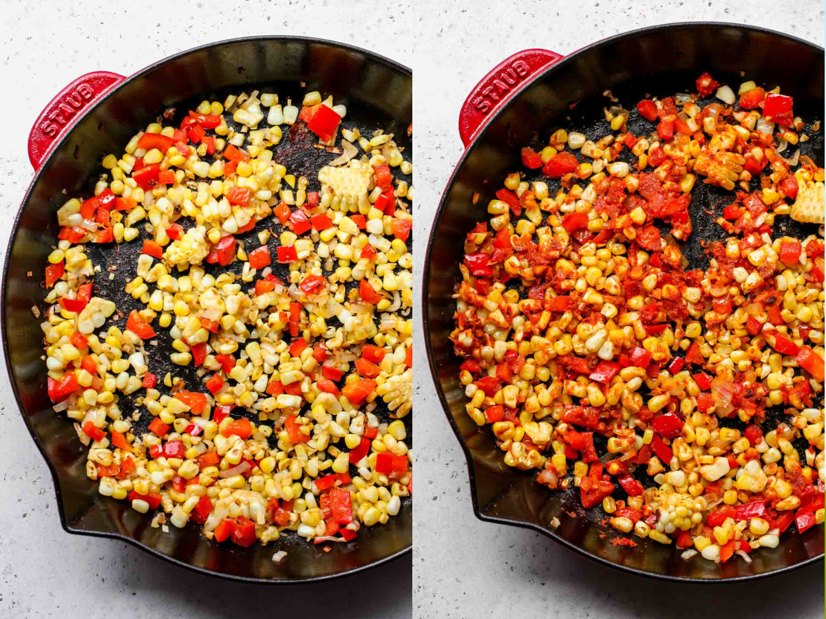 Bell pepper, corn, shallots, and red curry paste being sautéed in a skillet