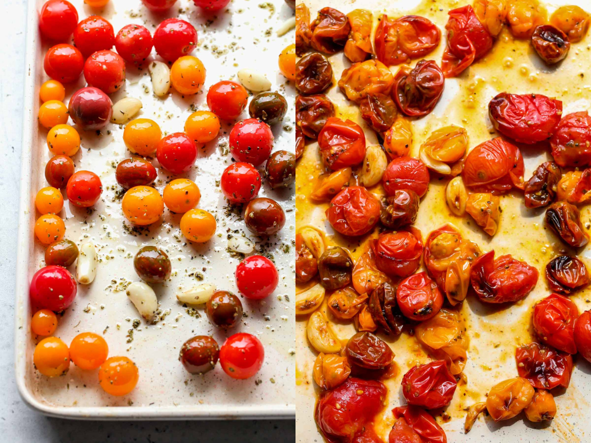 Cherry tomatoes and garlic being roasted on a white sheet pan