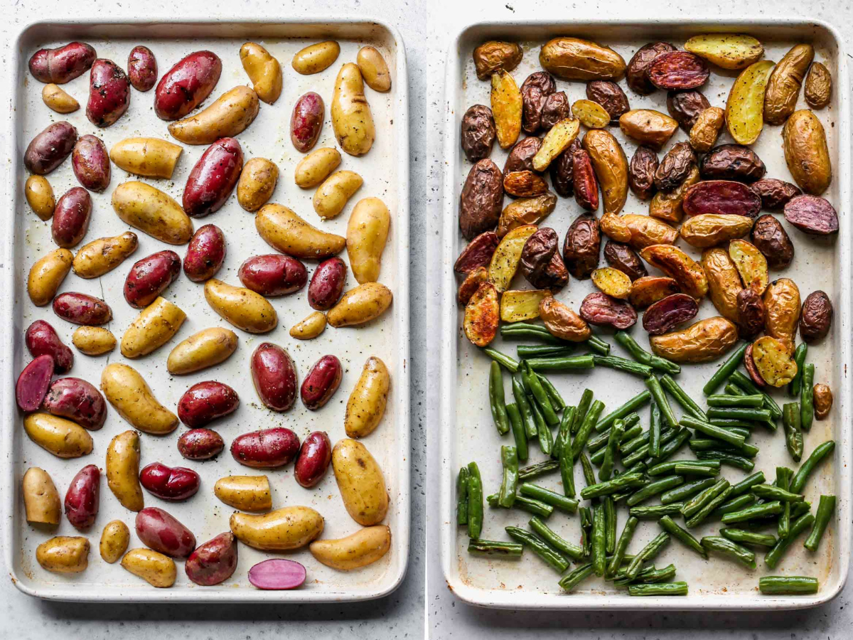 Potatoes and green beans being roasted on a baking sheet