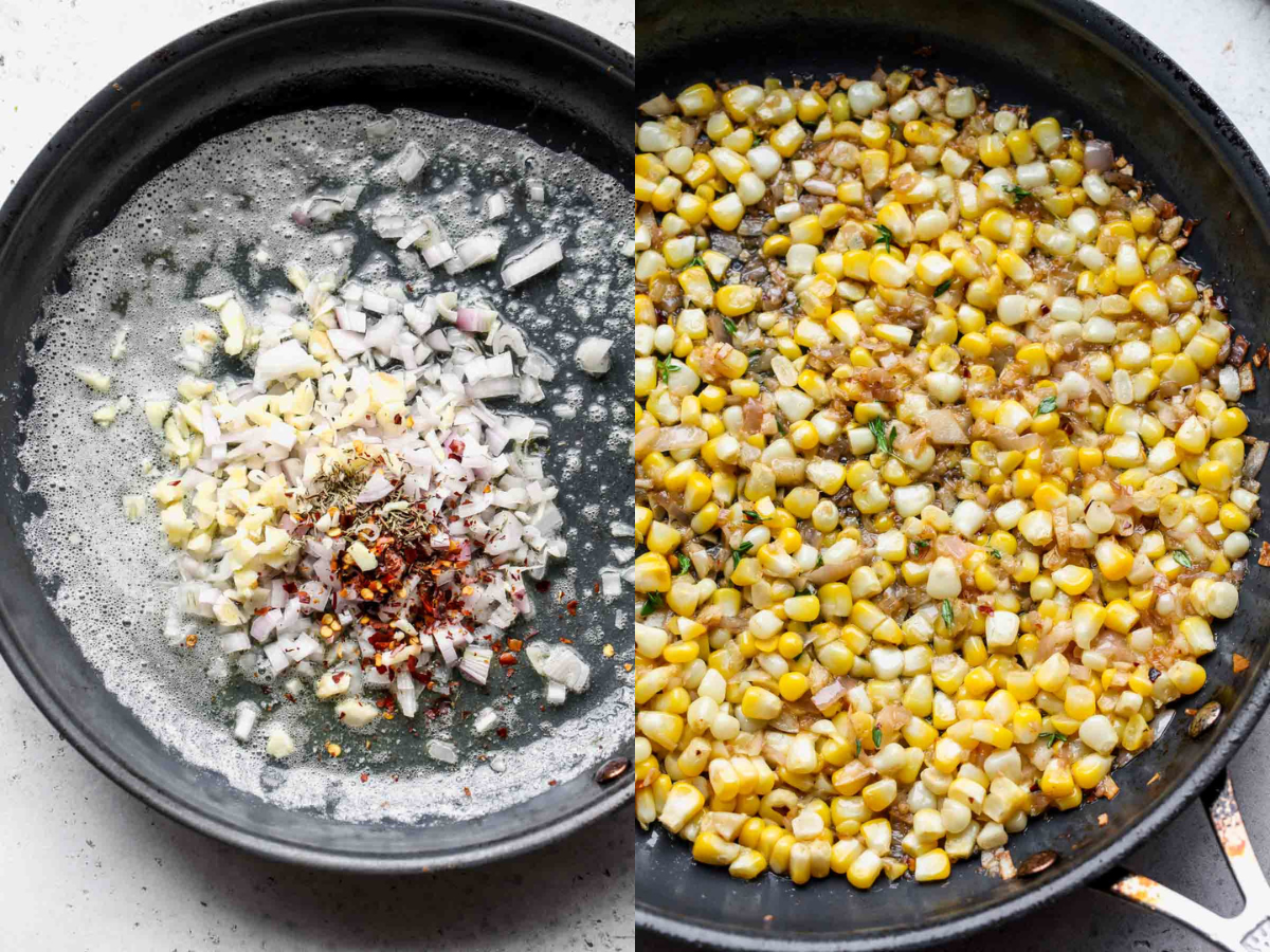 Aromatics and corn being sauteed in butter in a gray skillet