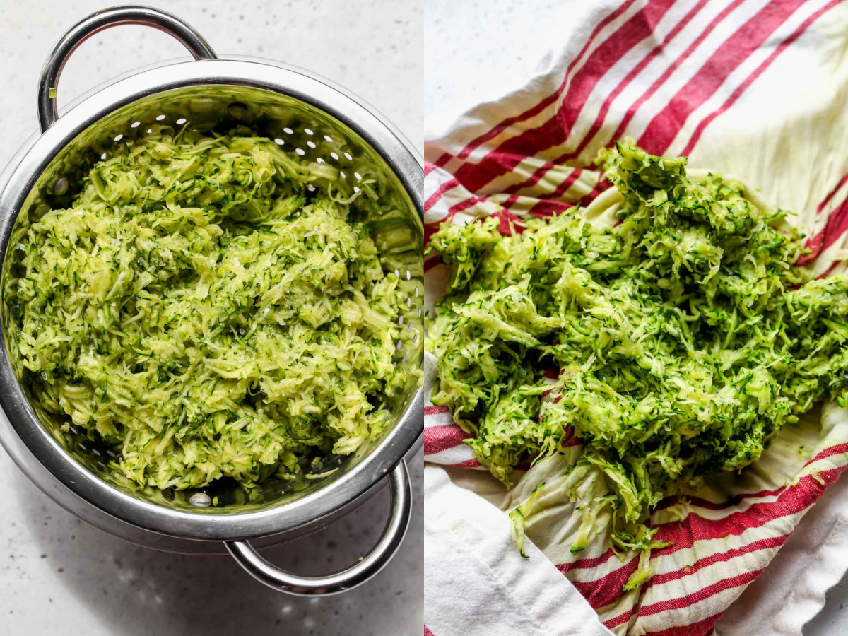 Shredded zucchini being salted, strained, and drained