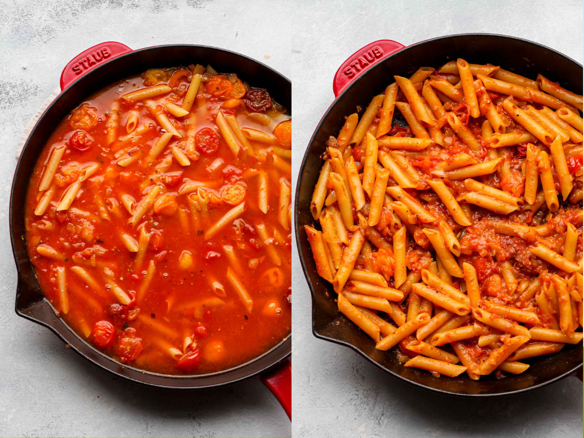 Penne pasta, marinara sauce, and water being cooked in a skillet