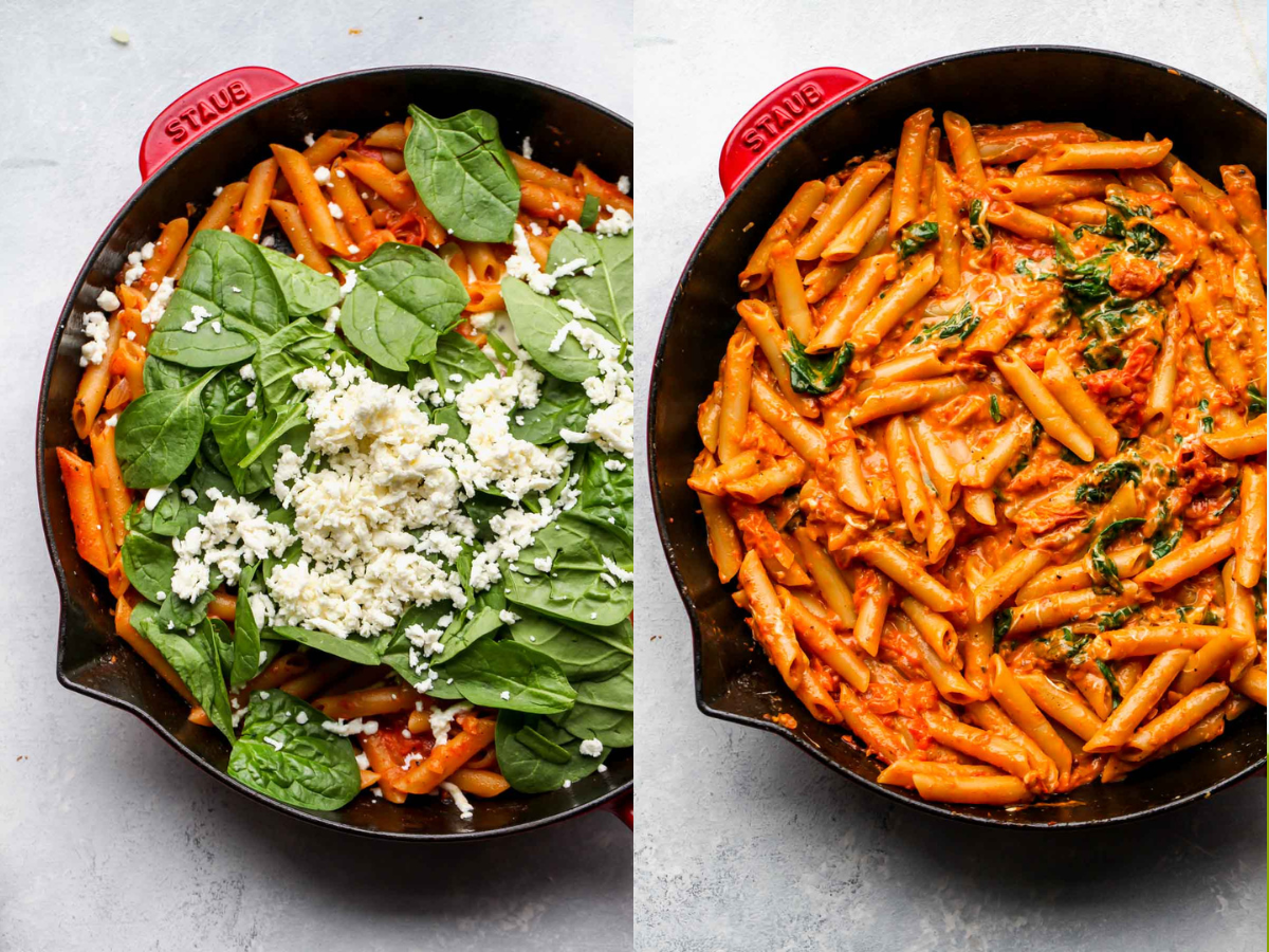 Spinach, mozzarella, and cream being mixed into pasta