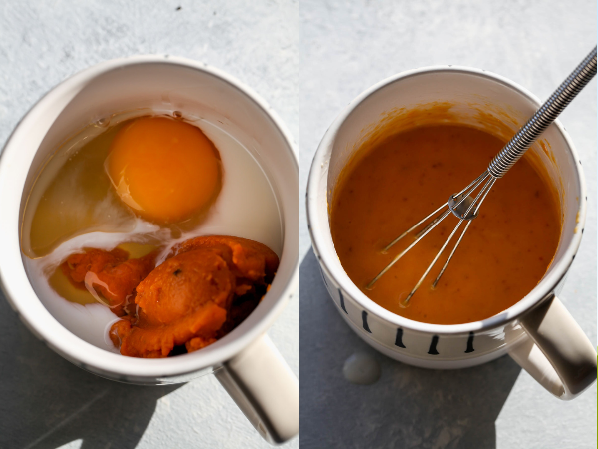 Egg, pumpkin puree, milk, and oil being whisked in a mug.