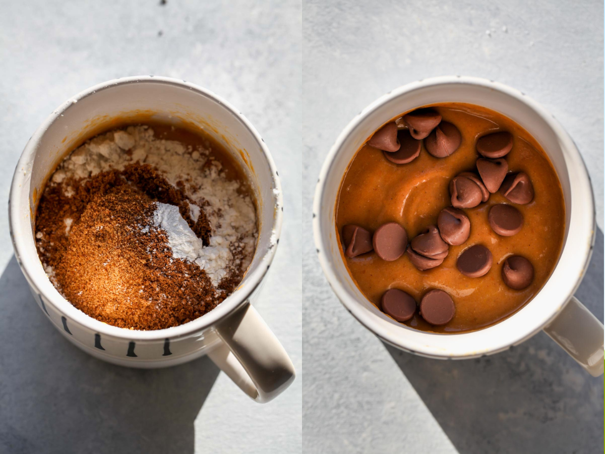 Flour, sugar, and spices being mixed into wet mixture, and chocolate chips being sprinkled overtop.