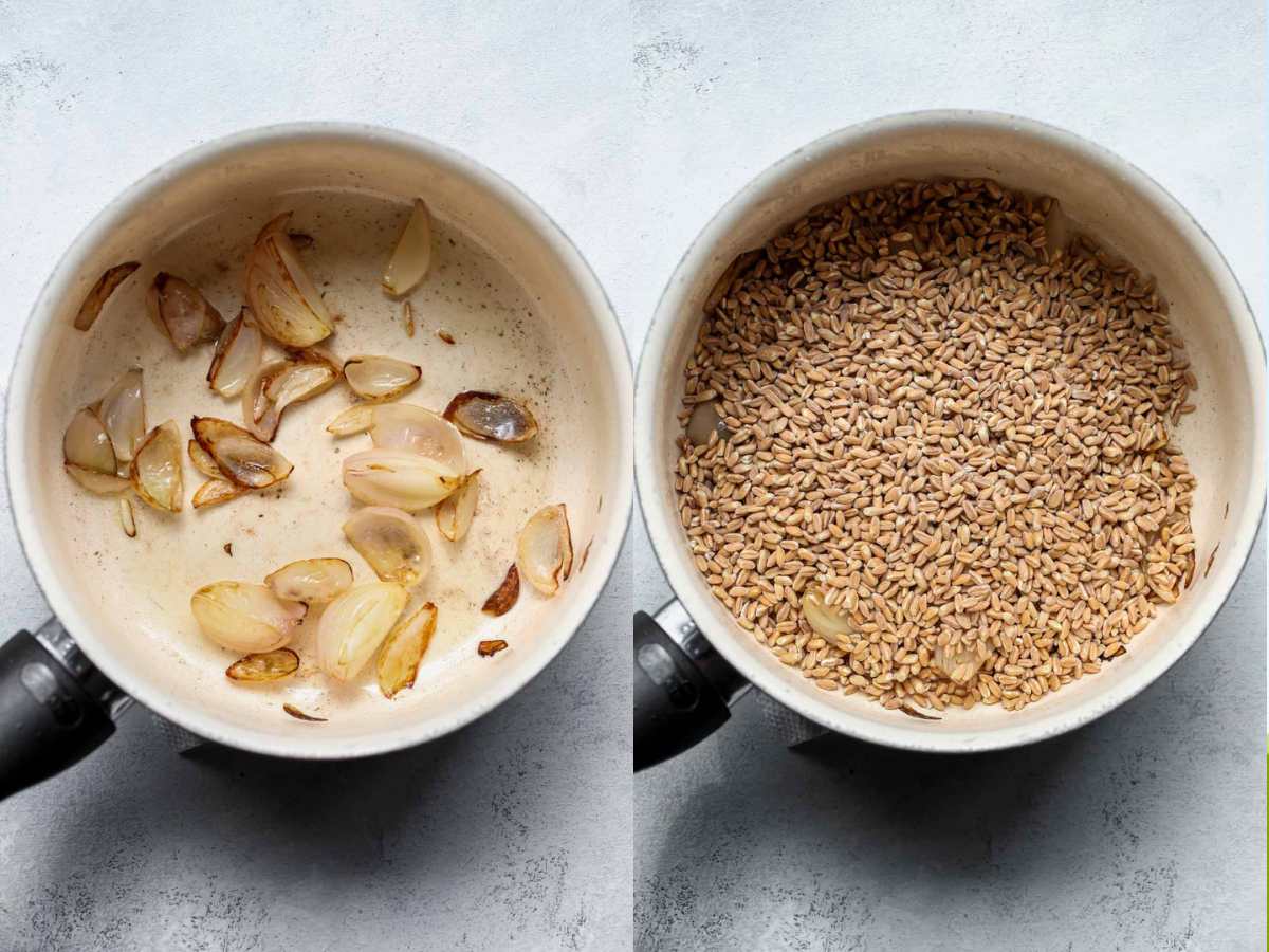 Shallots being sauteed and farro being toasted in a pot