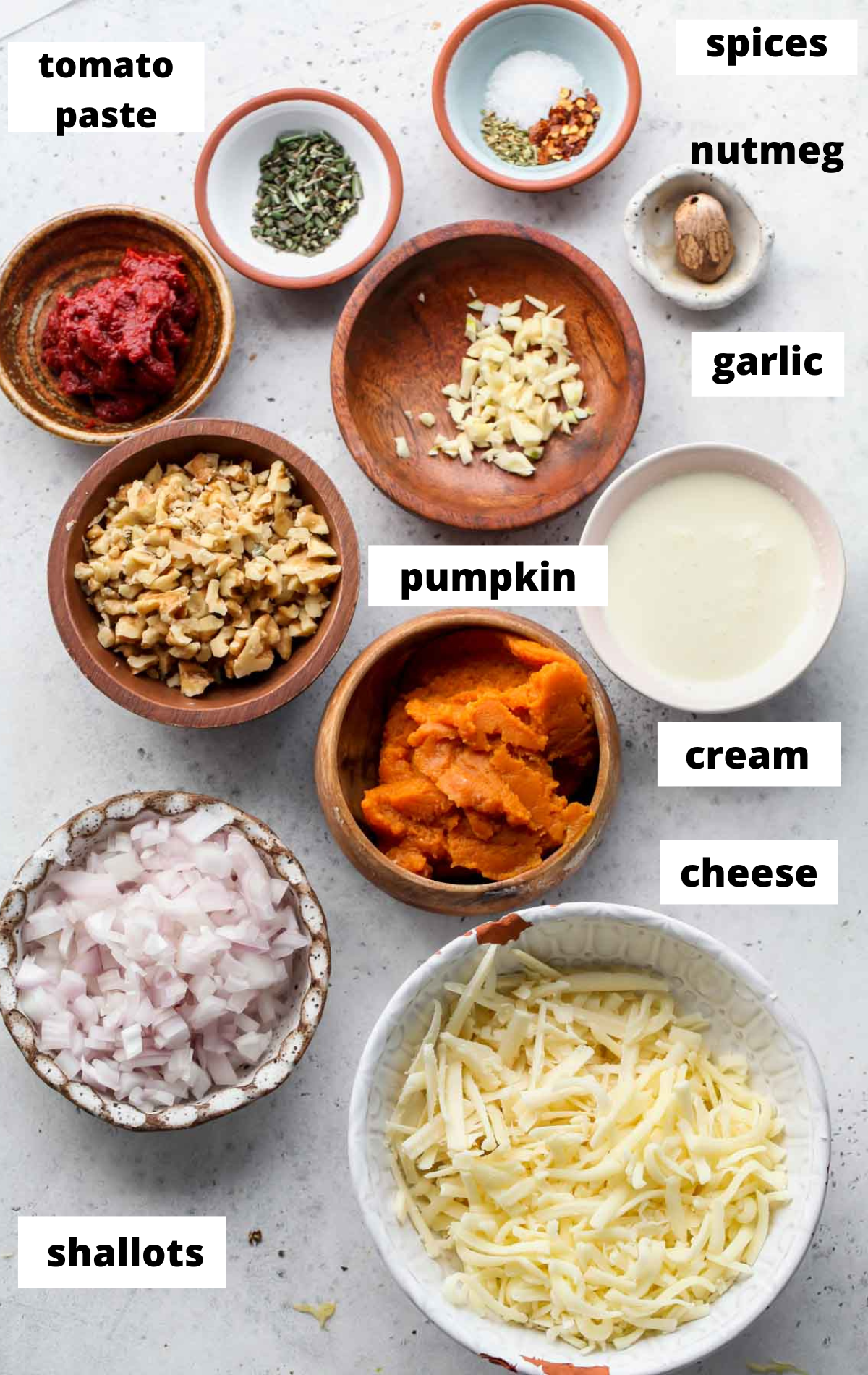 Recipe ingredients in separate bowls with labels