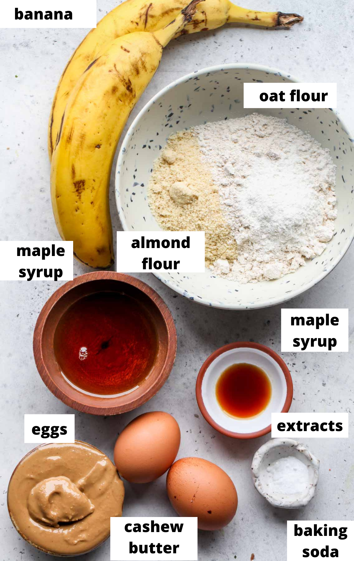 Recipe ingredients in separate bowls with labels.