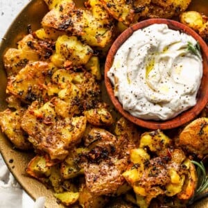 Rosemary-Sumac Smashed Potatoes with Roasted Garlic Dip