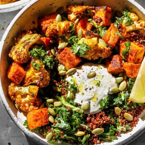 Curried Cauliflower and Sweet Potato Bowls with Cumin Yogurt