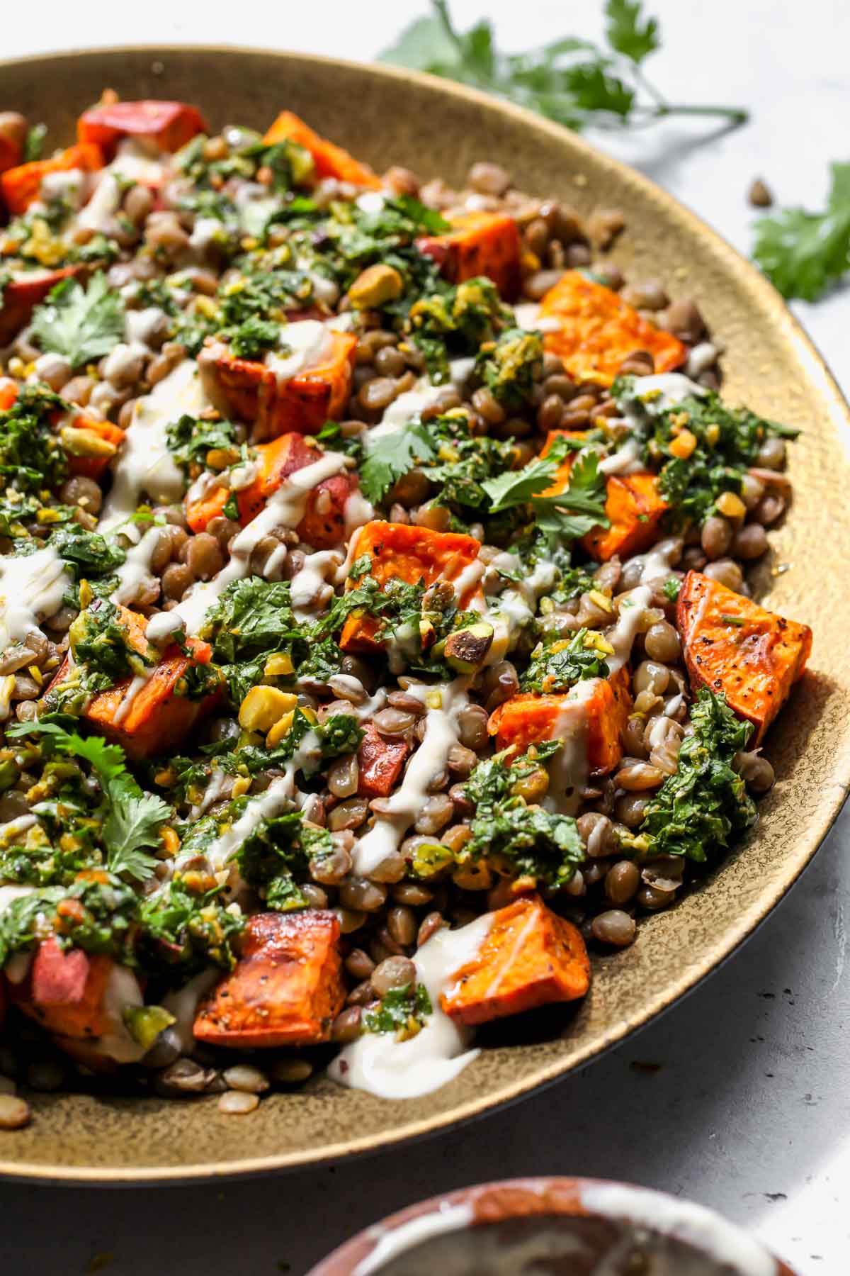 Lentil salad assembled on a gold serving plate