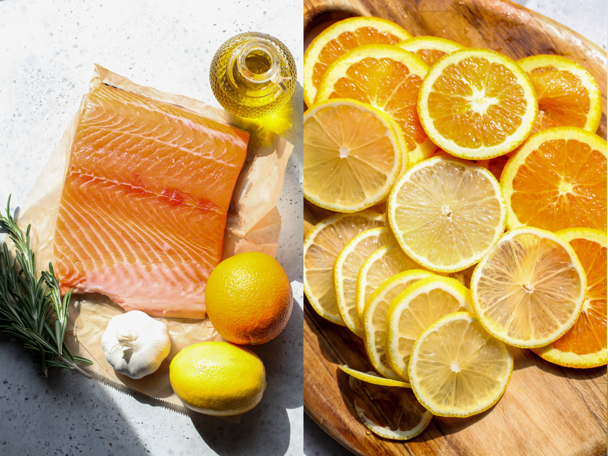 Recipe ingredients on a cutting board on a white work surface