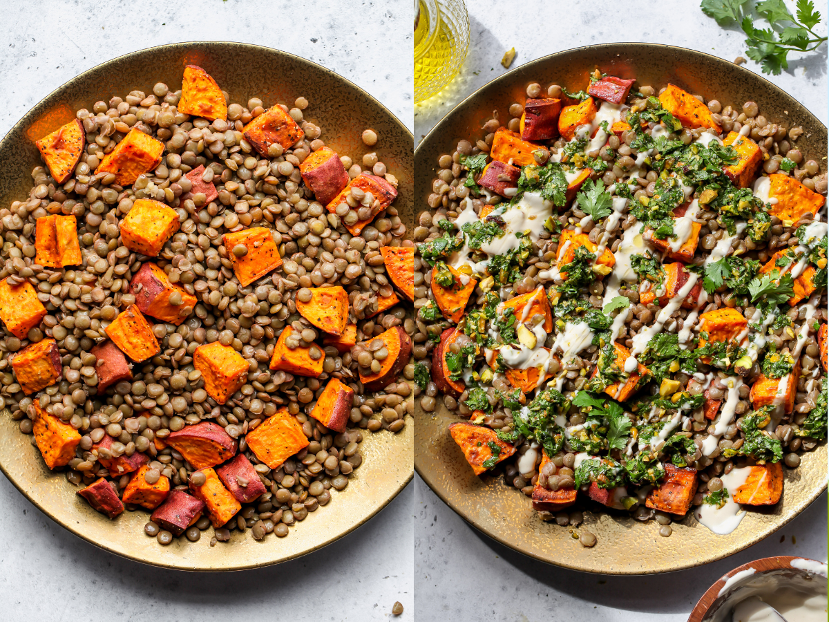 Sweet potatoes and lentils being arranged on a serving platter and topped with pistachio salsa and tahini
