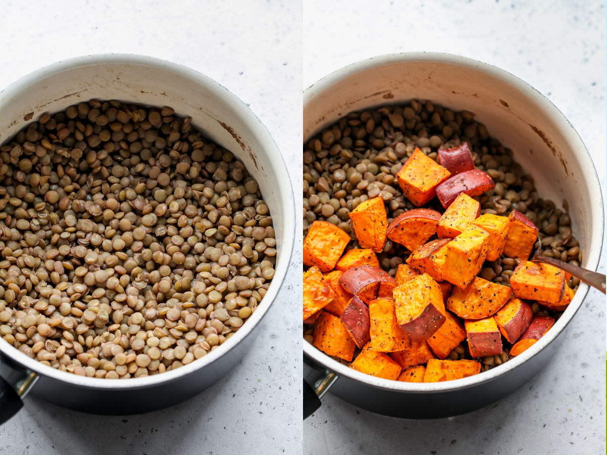 Lentils and sweet potatoes being mixed together in a pot