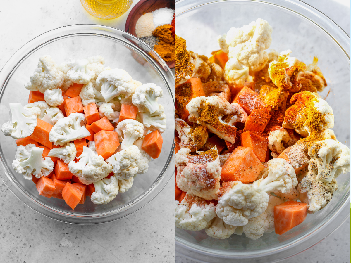 Cauliflower florets and sweet potato cubes being tossed in oil and spices in a mixing bowl