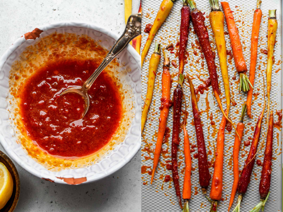 Harissa mixture being mixed in a bowl and brushed over carrots.