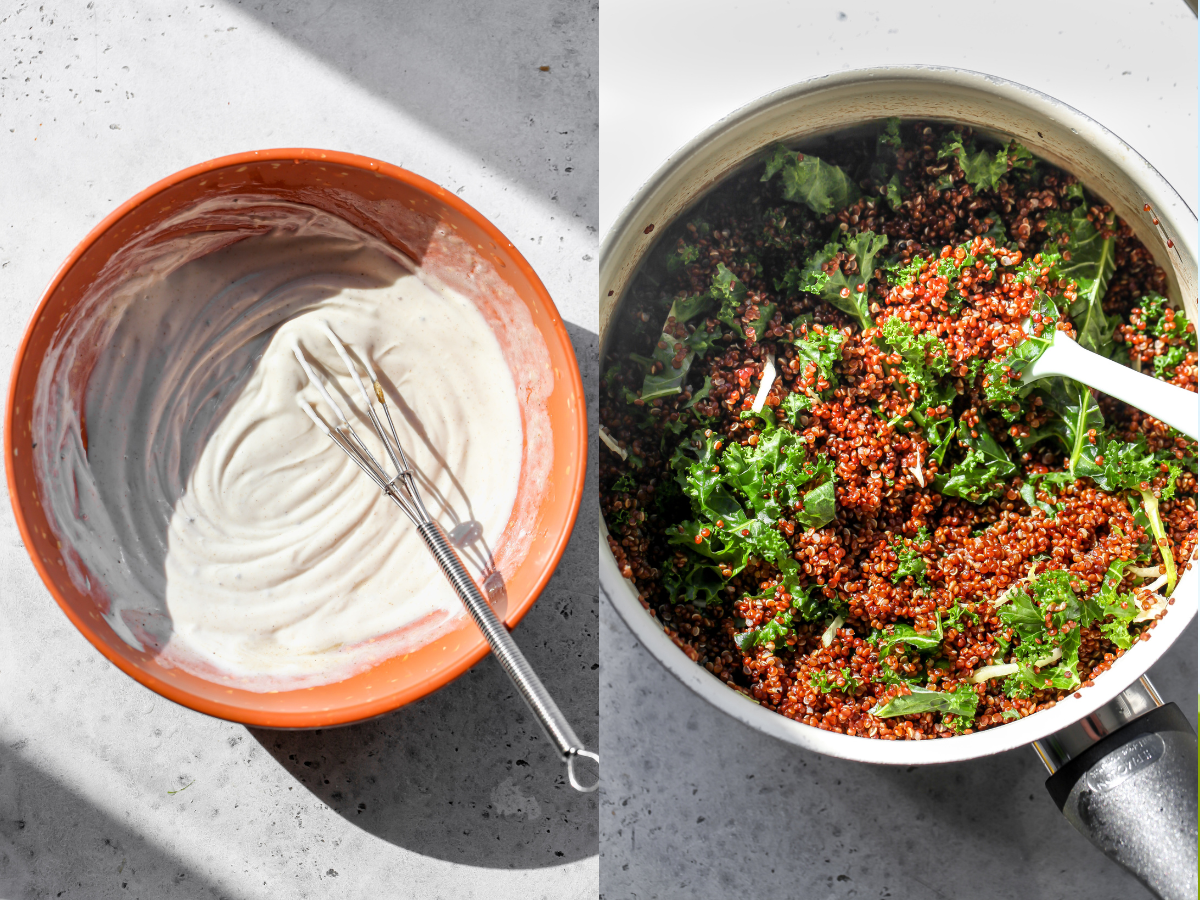 Cumin yogurt being mixed in a bowl and quinoa mixture in a saucepan