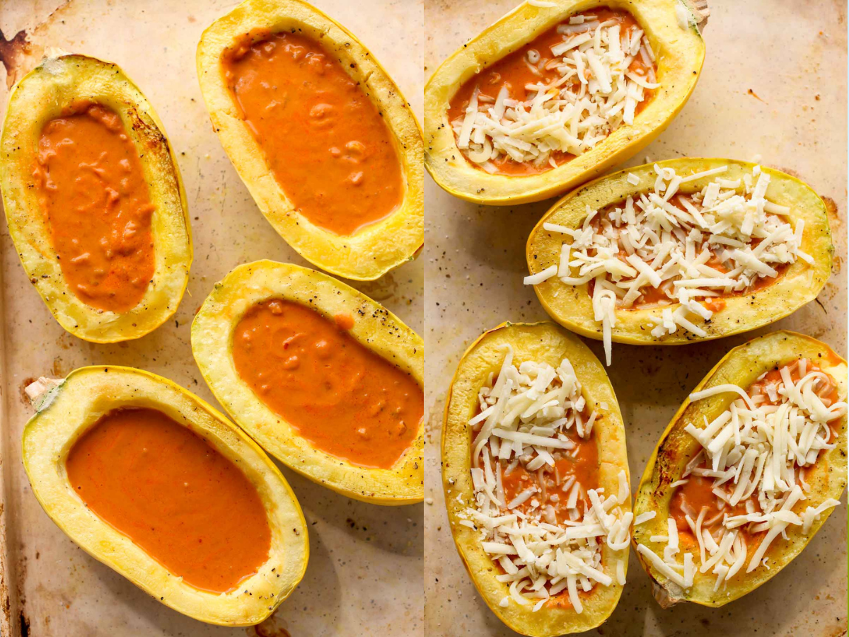 Spaghetti squash halves being filled with pumpkin sauce and topped with shredded cheese