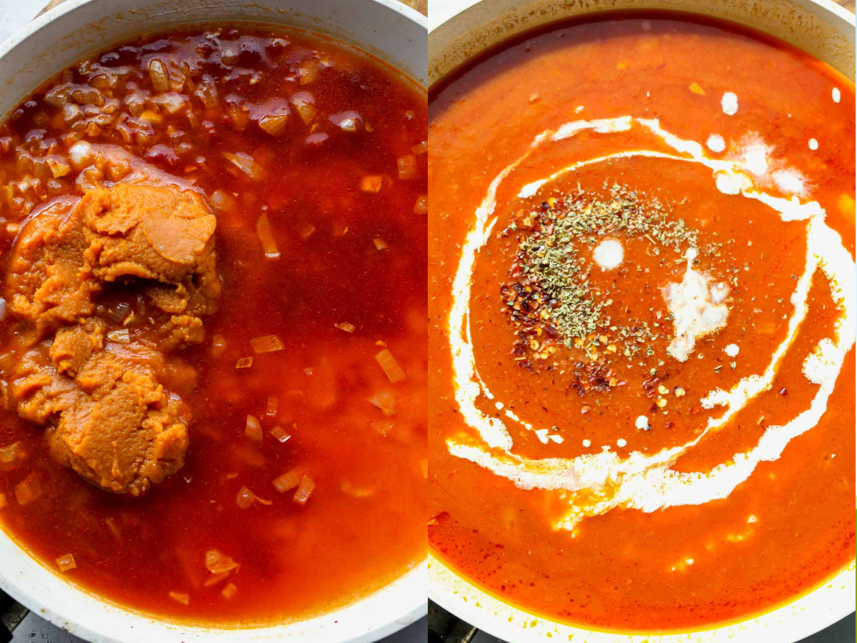 Pumpkin puree, tomato paste, water, cream, and spices being combined in a skillet