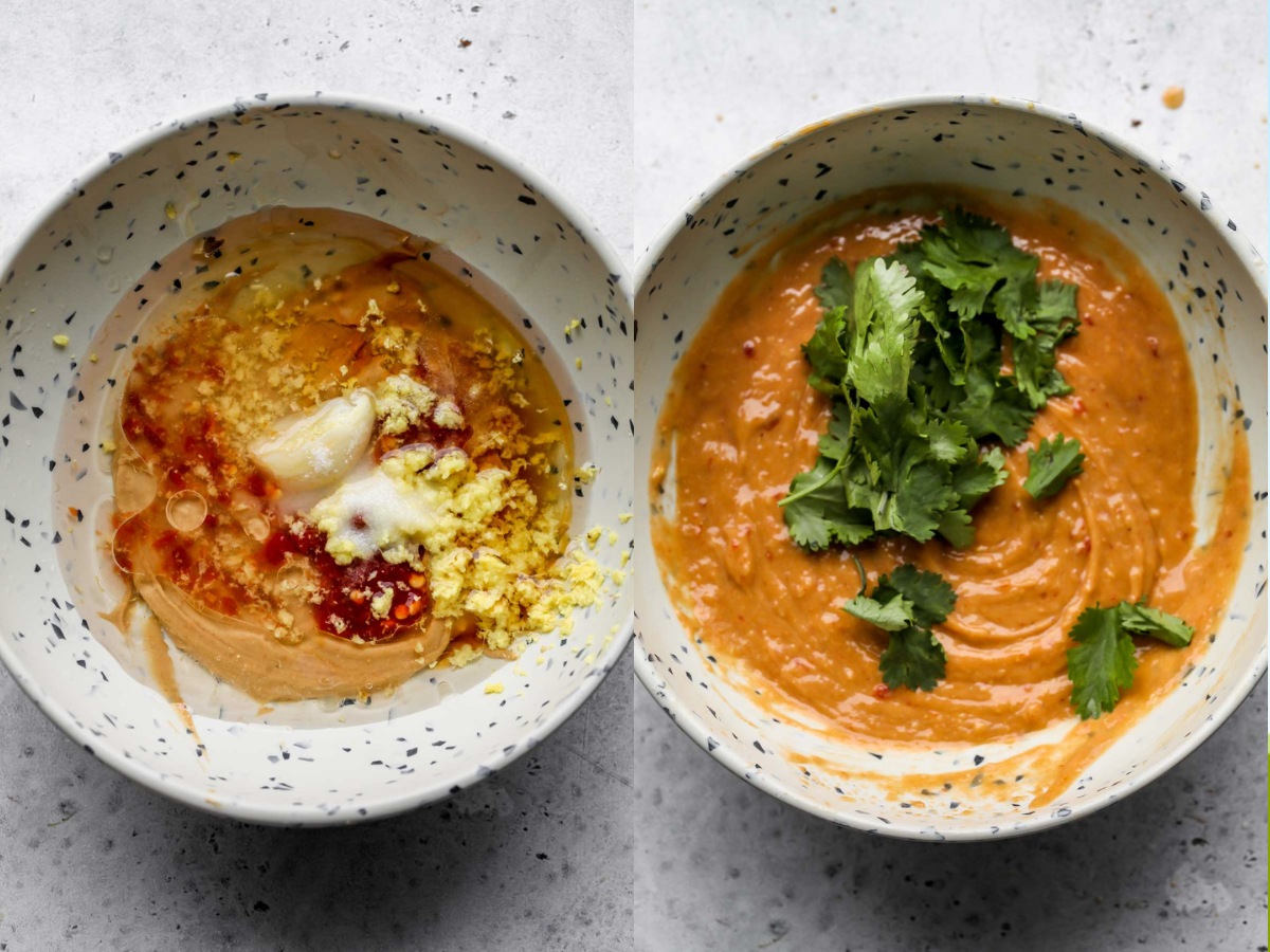 Cashew butter, oil, vinegar, chili paste, ginger, and garlic being combined in a bowl