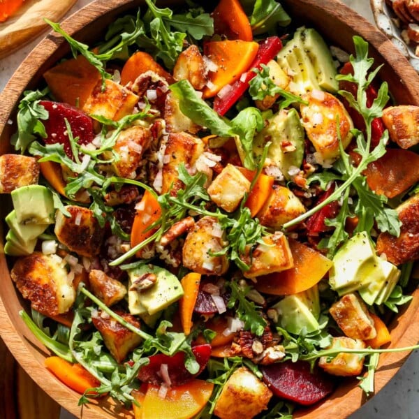 Arugula and Persimmon Salad with Halloumi Croutons
