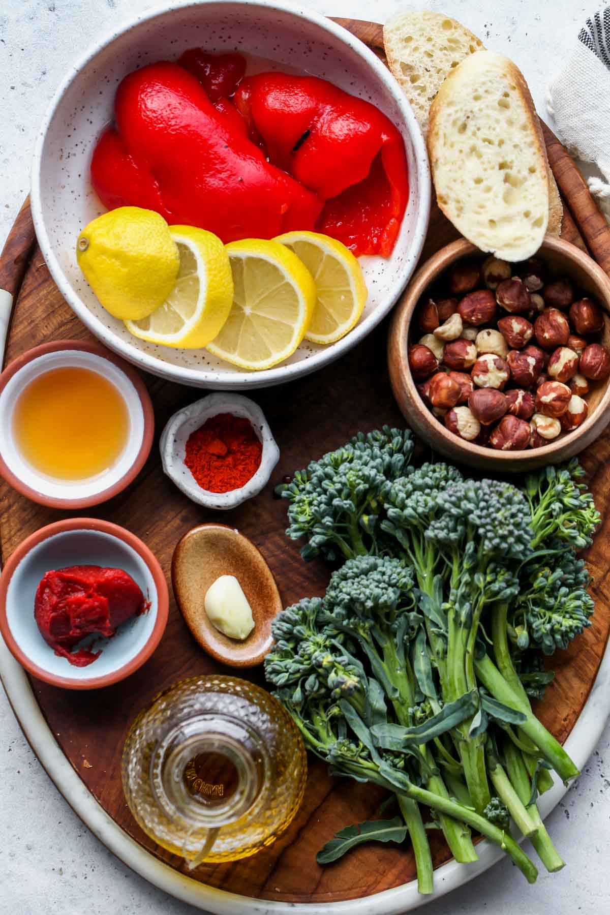 Recipe ingredients arranged on a wooden serving platter