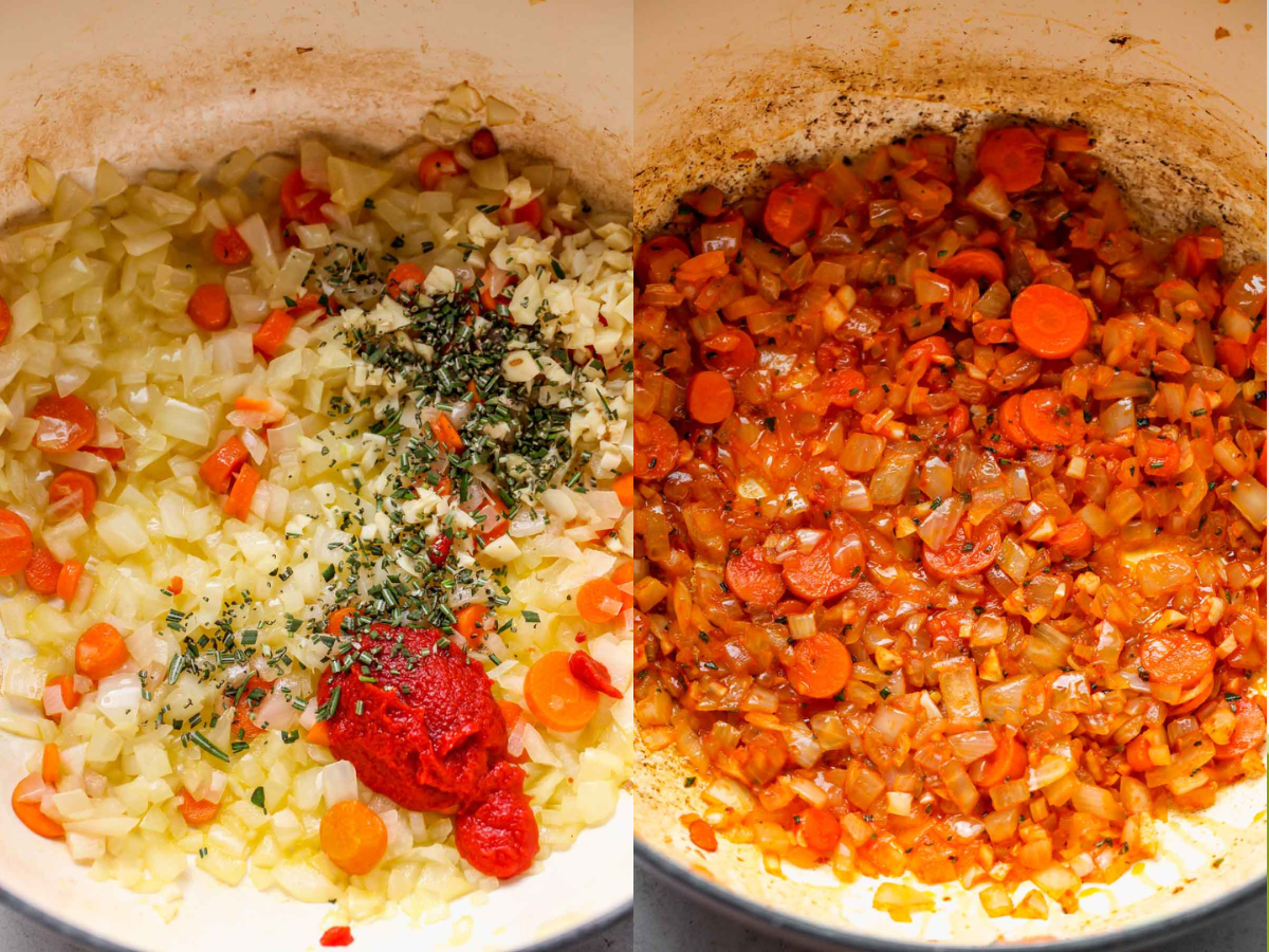 Onion, carrots, tomato paste, garlic, and rosemary being sauteed in a white Dutch oven