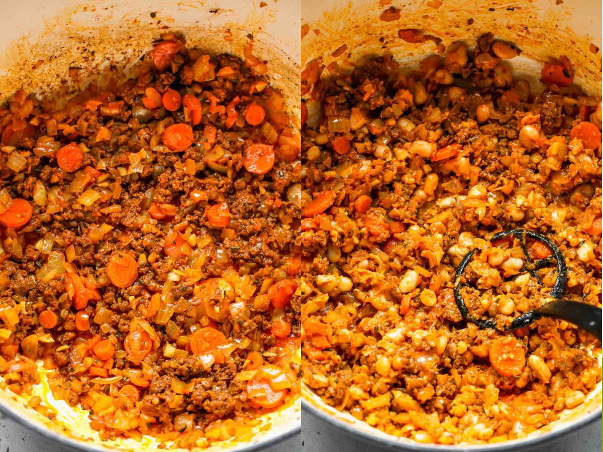 Chorizo and white beans being added to pot and mashed