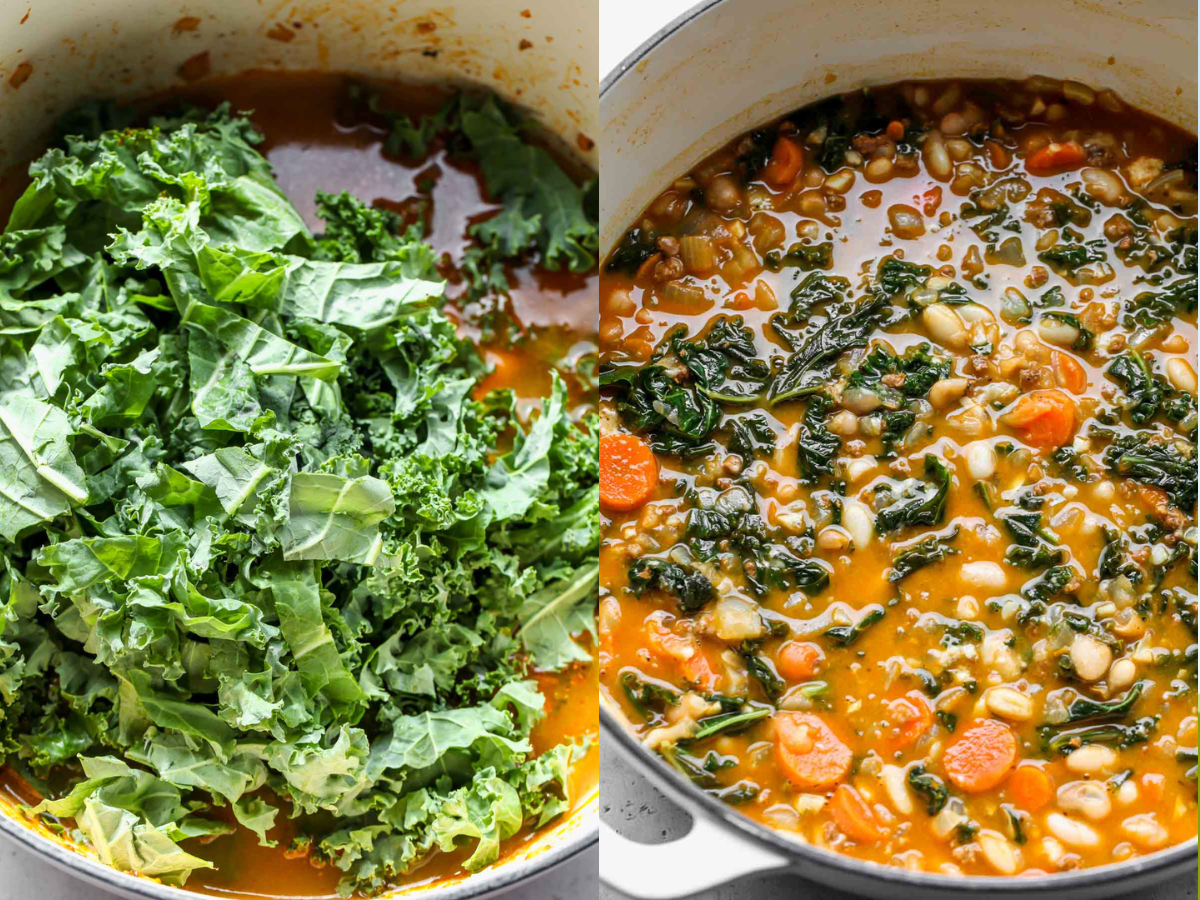 Kale being added to soup and simmered until wilted