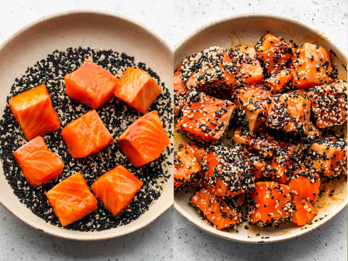 Salmon cubes being coasted in white and black sesame seeds