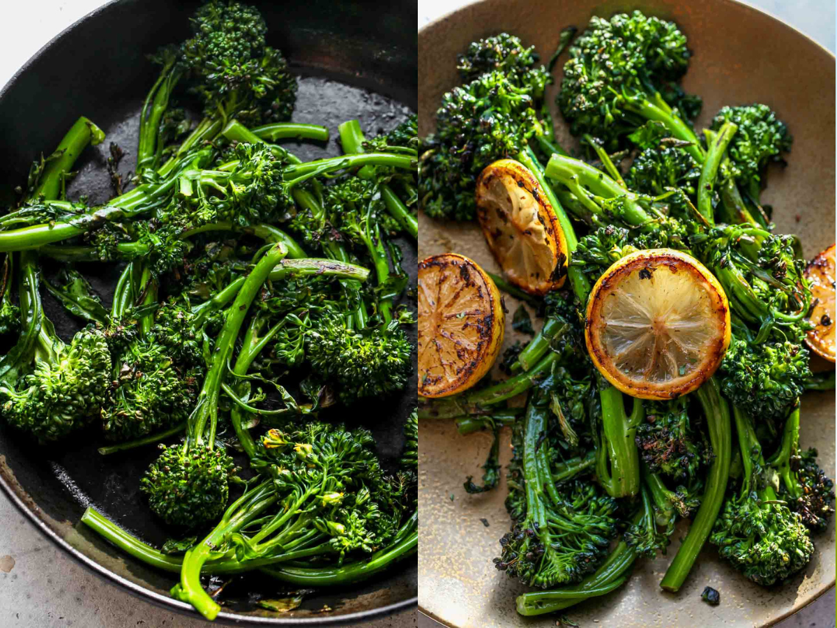 Baby broccoli being cooked in a cast iron skillet