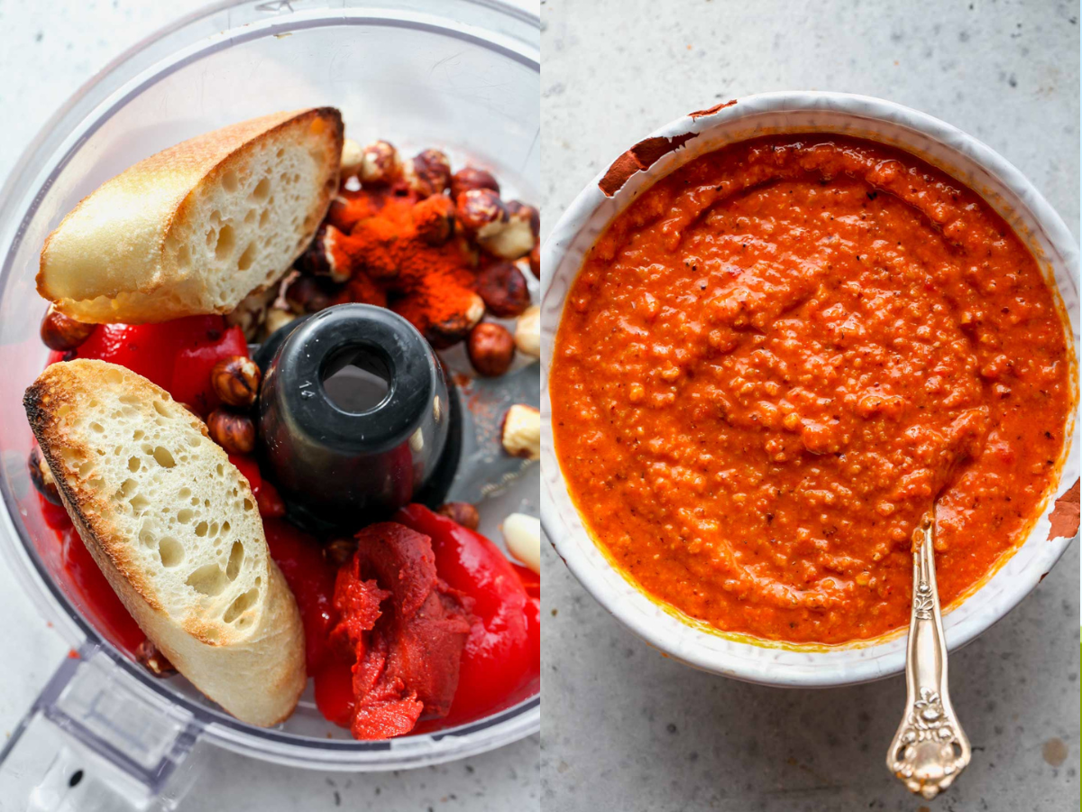 Roasted red peppers, bread, hazelnuts, spices, and garlic being blended in a food processor
