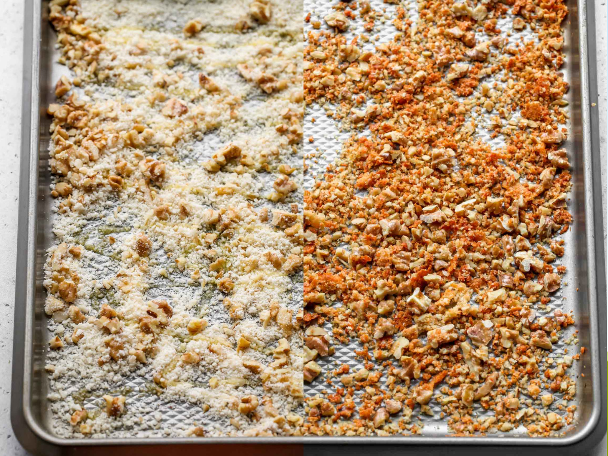 Walnuts, parmesan, and panko being toasted on a baking sheet